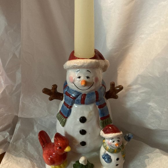 SNOWMEN CANDLE HOLDER NEW CERAMIC CUTE HOLIDAY - Picture 2 of 3